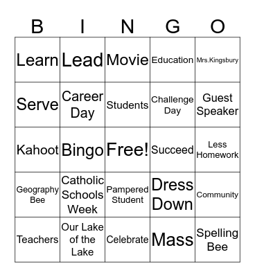 Catholic Schools Week BINGO Card