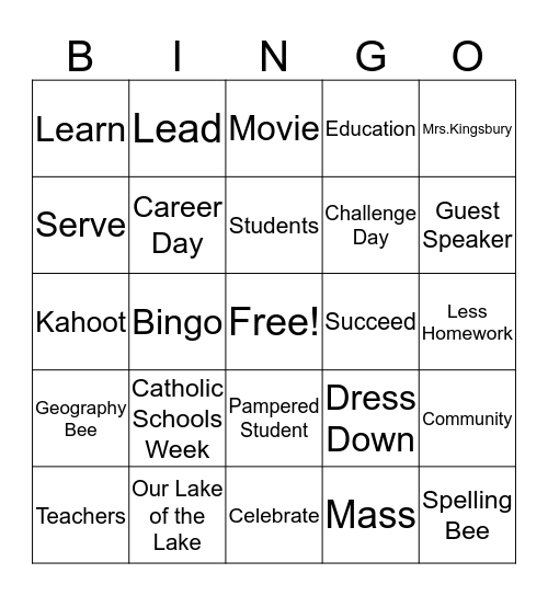 Catholic Schools Week BINGO Card