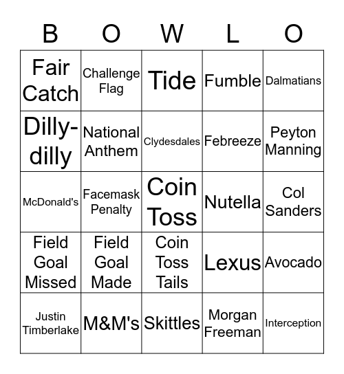 BOWL-O Bingo Card