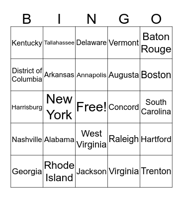 States and Capitals Bingo Pt. 1 Bingo Card