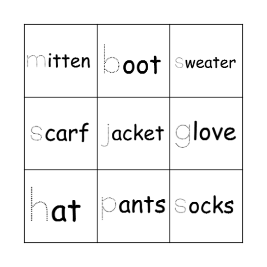 Winter Clothes Bingo Card