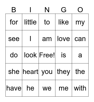 Valentine's Day Site Word Bingo Card