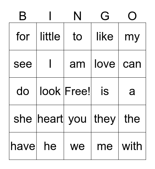 Valentine's Day Site Word Bingo Card