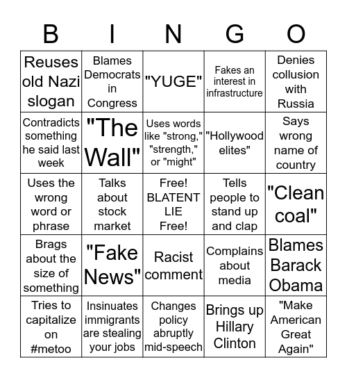 Trump State of the Union Bingo Card