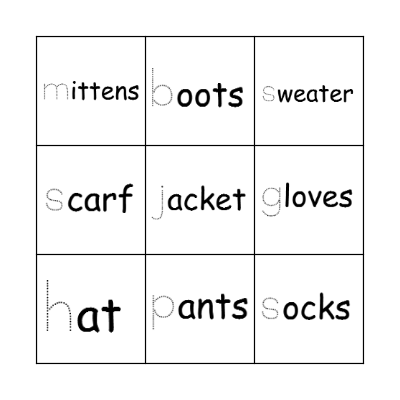 Winter Clothes Bingo Card