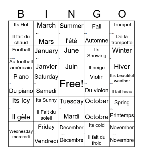 French Bingo Chapter 8 Bingo Card