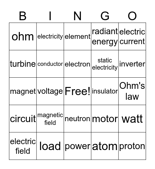 Electricity Bingo Card