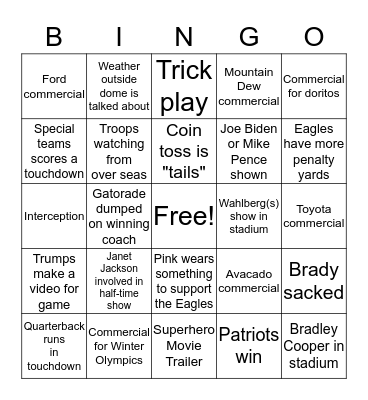 Super Bowl LII Bingo Card