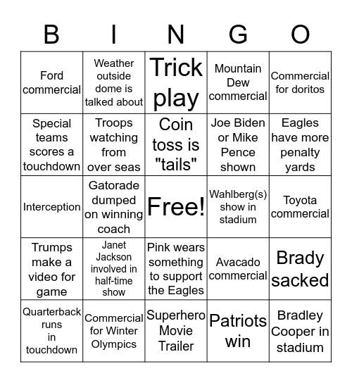 Super Bowl LII Bingo Card