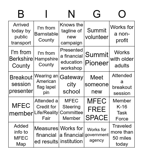Networking with MFEC! Bingo Card