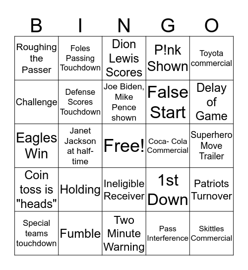 SuperBowl LII Bingo Card