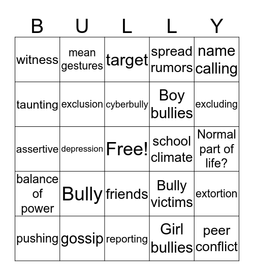 Bully Bingo Card