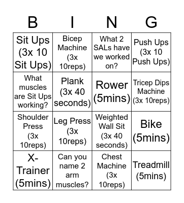 Fitness Bingo Card