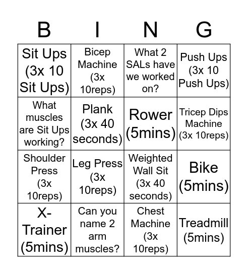 Fitness Bingo Card