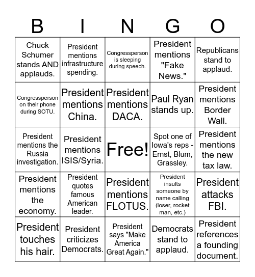 President Trump's First SOTU Address Bingo Card