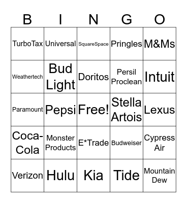 Super Bowl LII Commercial Bingo Card