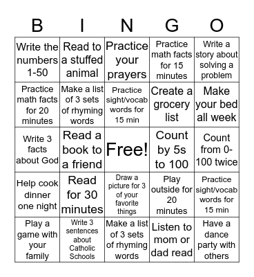 Homework Bingo Card