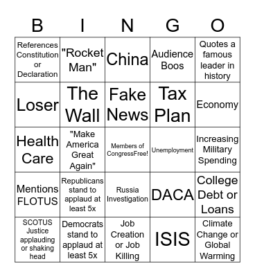 2018 State of the Union Address Bingo Card