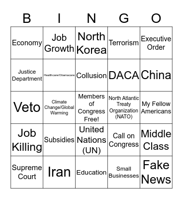 2018 State of the Union Address Bingo Card