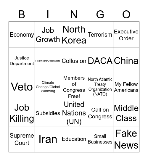 2018 State of the Union Address Bingo Card