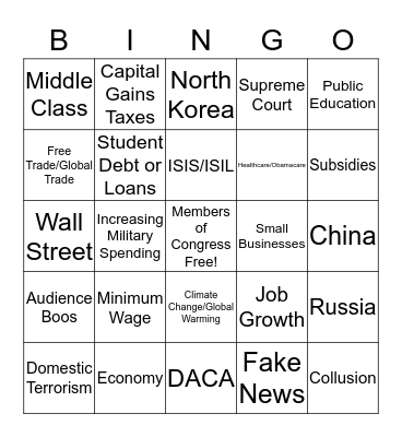 2018 State of the Union Address Bingo Card