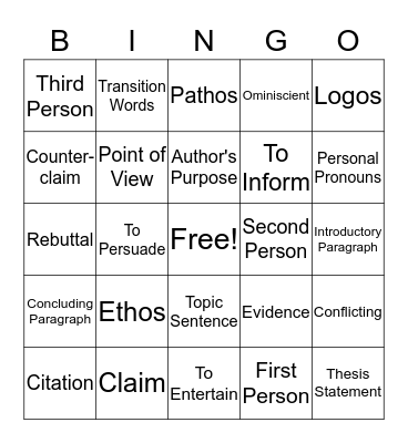Language Arts Bingo Card