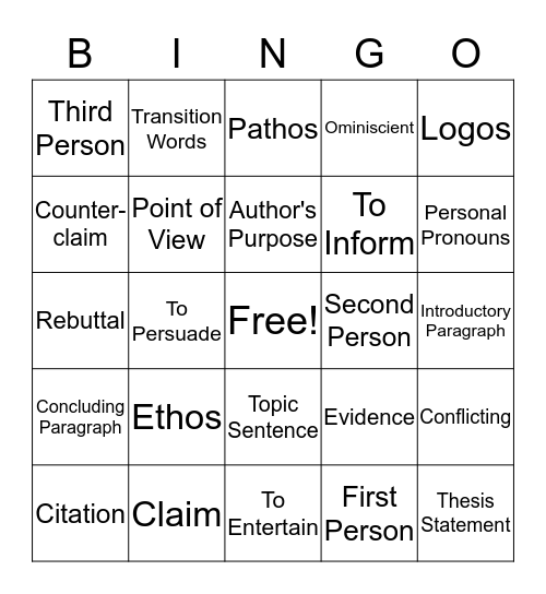 Language Arts Bingo Card