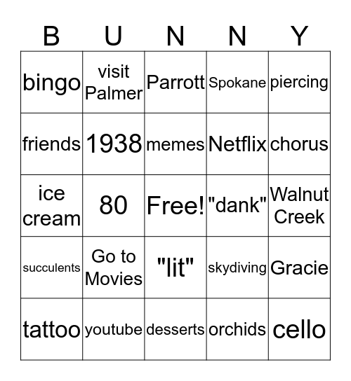Grandma Bunny Bingo Card