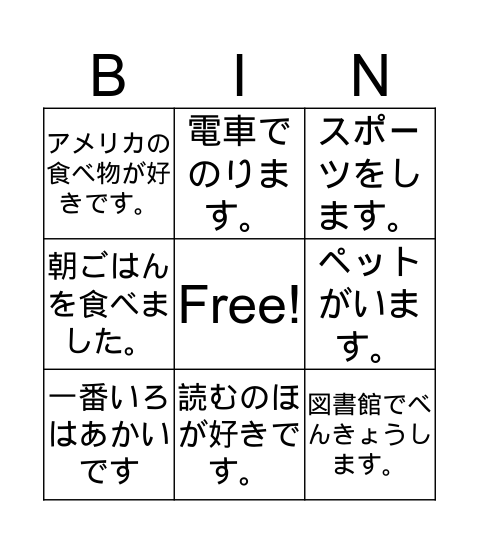 Learning English with Bingo Card