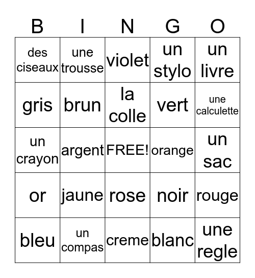 French Bingo! Bingo Card