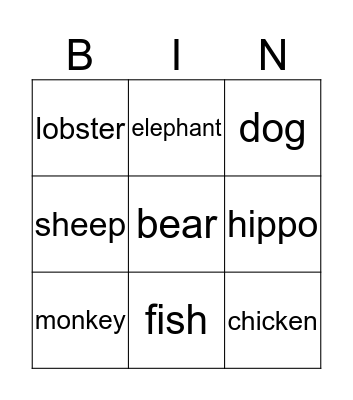 Bingo Card Animals Bingo Card