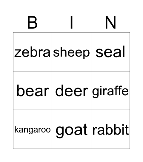 Bingo Card Animals  Bingo Card