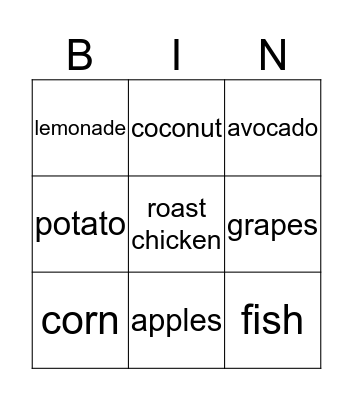 Bingo Card Food Bingo Card