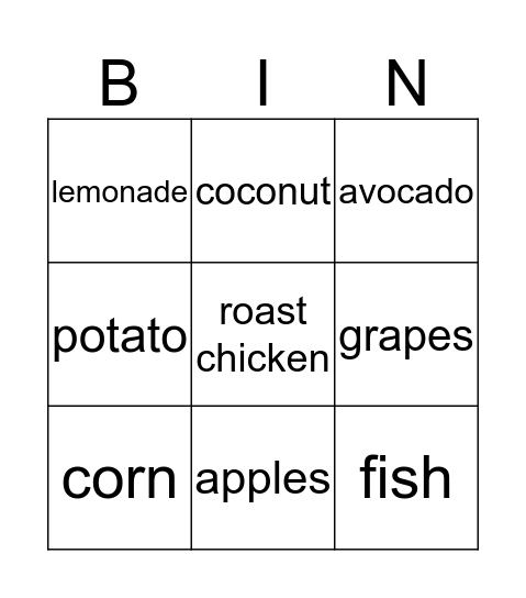 Bingo Card Food Bingo Card