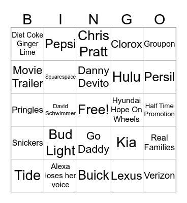Super Bowl Commercial Bingo Card