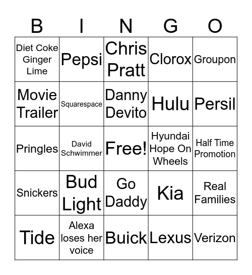 Super Bowl Commercial Bingo Card
