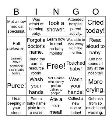 NICU Bingo Card