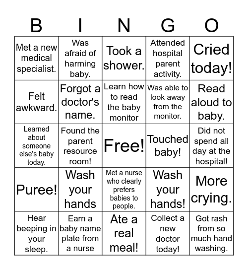 NICU Bingo Card