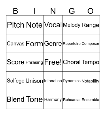 Music Vocabulary Bingo Card