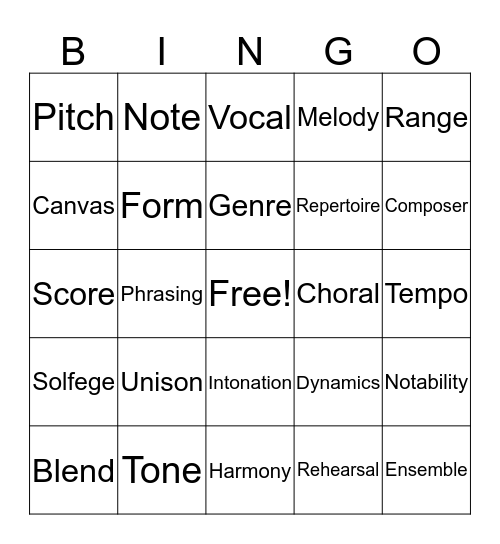 Music Vocabulary Bingo Card