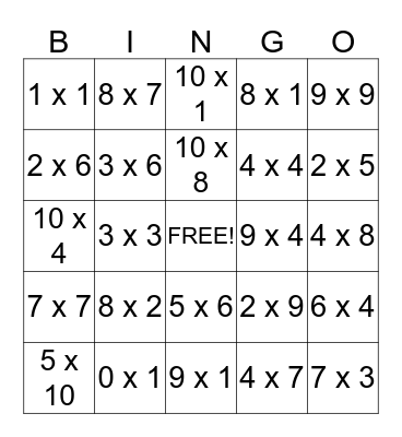 Multiplication Bingo - PV (Single Digit) Bingo Card