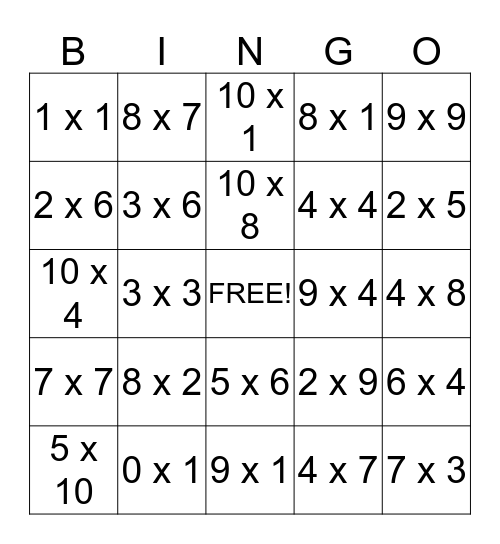 Multiplication Bingo - PV (Single Digit) Bingo Card