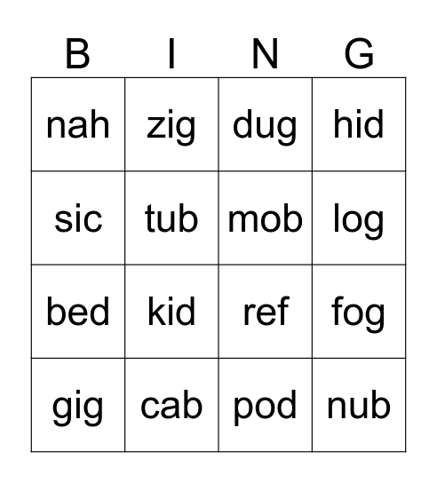 P1T2 Ch2 Phonics Bingo Card