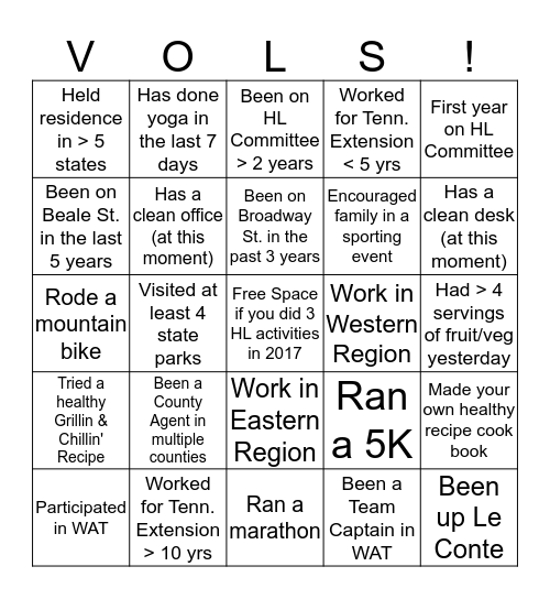 Tennessee Extension Healthy Lifestyles Bingo Card