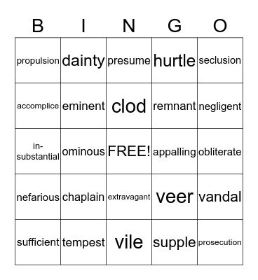Vocabulary Bingo September-December Words Bingo Card