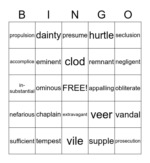 Vocabulary Bingo September-December Words Bingo Card