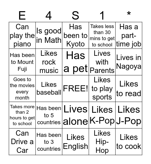 Getting to Know my Classmates Bingo Card