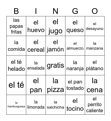 Food Vocab Words Bingo Card