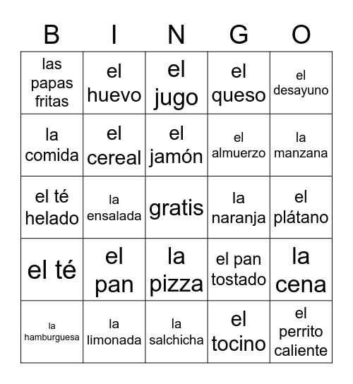 Food Vocab Words Bingo Card