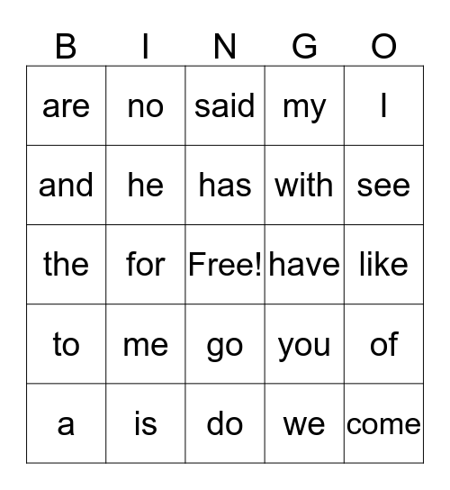 Kindergarten Sight Words Bingo Card